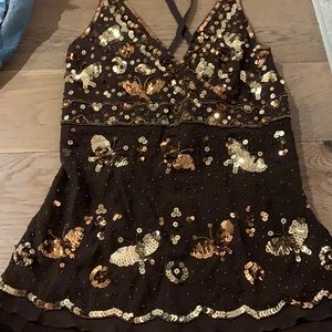 Brown Gold Sequin Butterfly Bebe Top Size Medium
